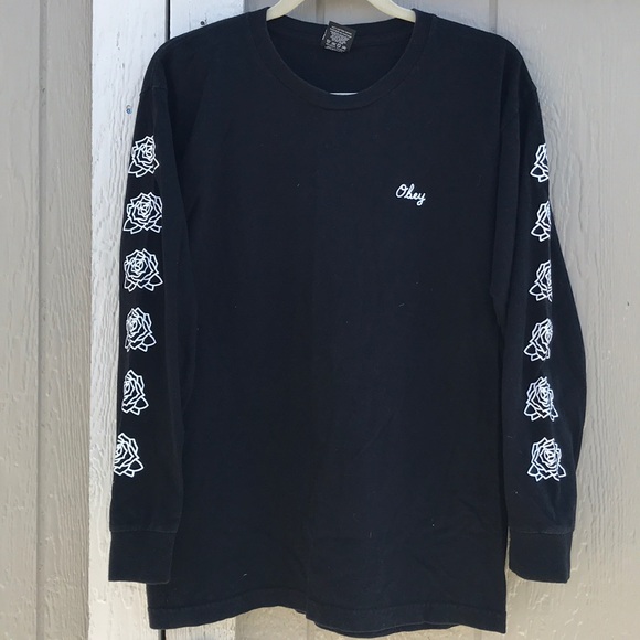 men’s OBEY black long sleeve t-shirt w/roses - Picture 1 of 5